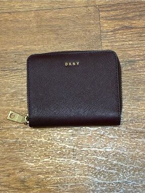DKNY Saffiano Zip Wallet in Deep Wine with Gold Logo
